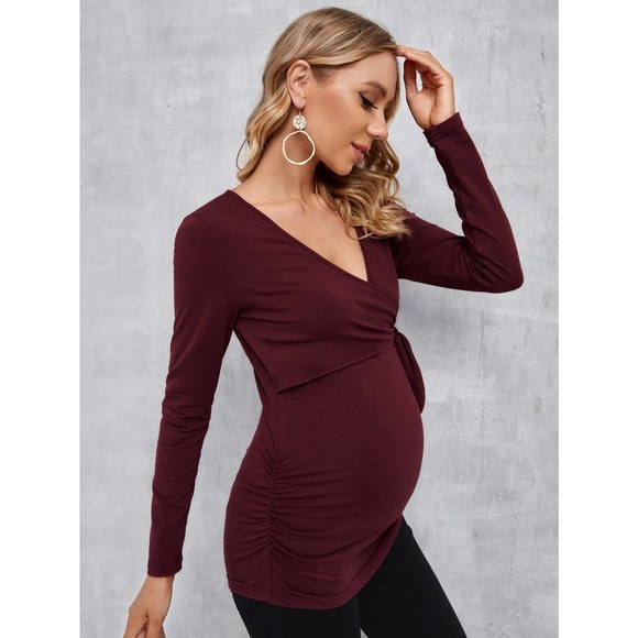 Maternity Solid Nursing v neck long sleeve Tee tie front black - Picture 7 of 11